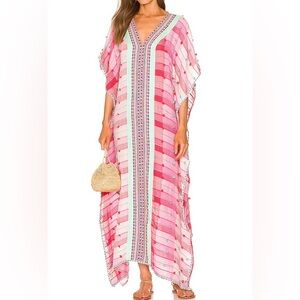 PITUSA Thobe Pink & Mint Green Embroidered Kaftan Swim Coverup Maxi Dress